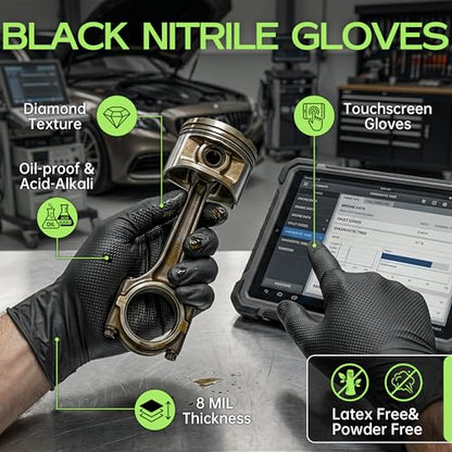 HEAVY DUTY 8 Mil Black Nitrile Gloves Disposable Latex Free Raised Diamond Textured Industrial Mechanic Gloves 1000PCs - size: Large