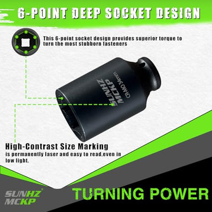 SUNHZMCKP 1/2 Inch Drive Impact Socket, Metric 34 mm Deep 6 Point Socket, CR-MO, Axle Nut Impact Grade Socket for Easy Removal (34mm) - color: Metric, size: 34 mm