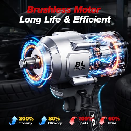 WIRIK Cordless Impact Wrench, 21V 1/2" Brushless High Torque Impact Gun | 1000N.m (737Ft-lbs) Breakaway Torque, 2x4.0Ah Batteries, Auto Stop, LED Light, 3 Modes & 5 Sockets for Truck, RV & Heavy Duty