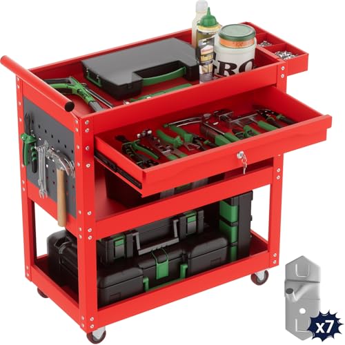 ALANNG 330 LBS Rolling Tool Cart with 1 Drawer & 3 Shelves | Heavy Duty Mechanic Cart Includes 7 Hooks, 2 Pegboards & Screw Organizer | Metal Service Cart for Garage Workshop (Red, 1 Pack) - color: Red