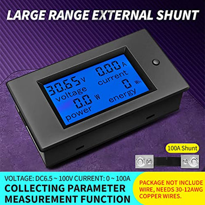 DC 6.5-100V 100A Digital Battery Monitor, LCD, Solar, Multifunction | Solar Power Meter, Multimeter, Voltmeter, Ammeter, 12V/24V/48V, for RV, Car Battery, Current Voltage, Display - style: DC 100A Battery Meter
