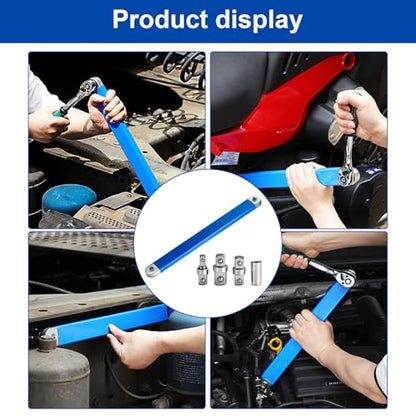 Impact-Ready Offset Extension Wrench Set, 15.4" Ratchet Extension Wrench with 1/2", 1/4" & 3/8" Square Drive Adapters, Universal Tight Space Wrench Extender for Small & Hard-to-Reach Areas