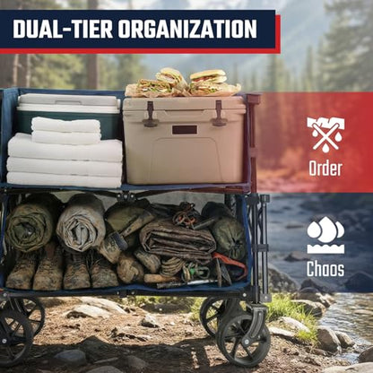 Sekey 500LBS Heavy Duty Double Decker Wagon with Extender, 400L Large Capacity Collapsible Garden Cart Fits 10x10 Canopy, All-Terrain Big Wheels with Brakes, Foldable Utility Wagon for Sports, Camping - color: Amber Blue