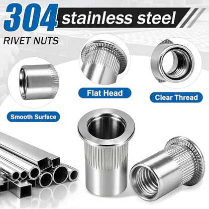 340Pcs Rivet Nut Assortment Kit, SAE Rivnut Set #8-32#10-24 1/4"-20 5/16"-18 3/8"-16 UNC 304 Stainless Steel Nutsert Flat Head Knurled Body Threaded Inserts for Metal, Automotive, DIY - size: SS SAE kits 340pcs