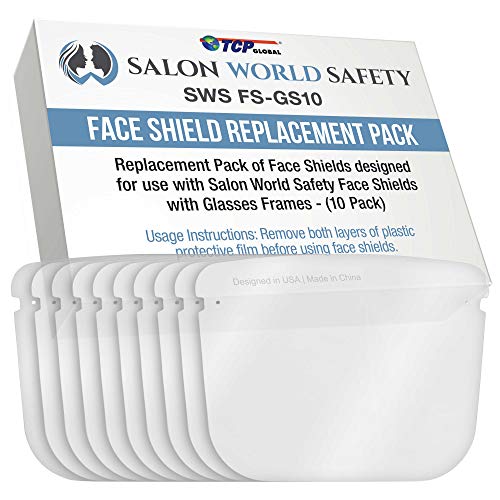 TCP Global Salon World Safety Replacement Face Shields Only (Pack of 10), Glasses Frames Not Included – Fits Most Brands, Ultra Clear, Full Face, Protect Eyes Nose Mouth, Anti-Fog PET Plastic, Goggles - color: Clear-r