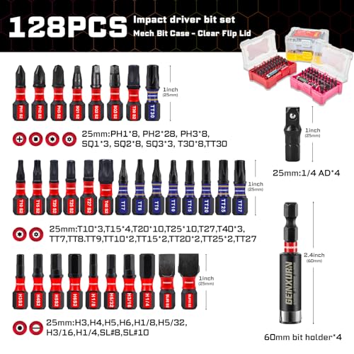 Geinxurn 128Pieces Impact Screwdriver Bits Set, S2 Steel Magnetic Phillips/Slotted/Square/Security Torx/HEX Muliti Insert Bits Tips Set with Impact Bit Holder and 1/4”Socket Adapter(Storage Box Case) - style: FQ128025-AB