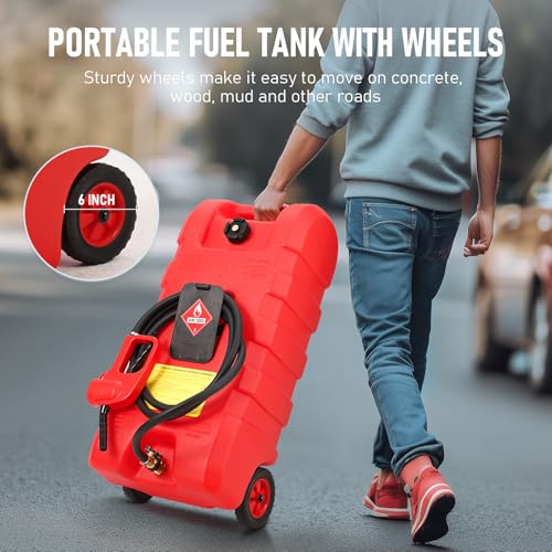 15 Gallon Gas Can, Fuel Tank Container with LE Fluid Transfer Manual Siphon Pump & 10FT Hose, Portable Diesel Gas Storage Caddy with Wheels for Car, ATV, Weeder, Boat, etc., Red - color: Red