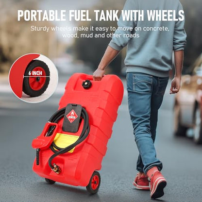 15 Gallon Gas Can, Fuel Tank Container with LE Fluid Transfer Manual Siphon Pump & 10FT Hose, Portable Diesel Gas Storage Caddy with Wheels for Car, ATV, Weeder, Boat, etc., Red - color: Red