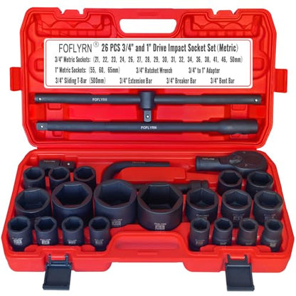 3/4" and 1" Drive Impact Socket Set,6-Point Metric Socket Set (21-65mm),26PCS Cr-Mo Material Heavy Duty Jumbo Deep Socket Set with Ratchet Wrench,Adapter,Sliding Bar,Extension Bar and Storage Case.