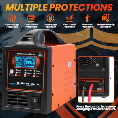 12V 24V Car Battery Charger Heavy Duty, 0-15A Automatic Battery Maintainer, Smart Trickle Charger with Repair & Winter Mode, Auto Shut-Off for AGM, Deep Cycle, Motorcycle, Truck, RV, Marine - size: 12V/24V