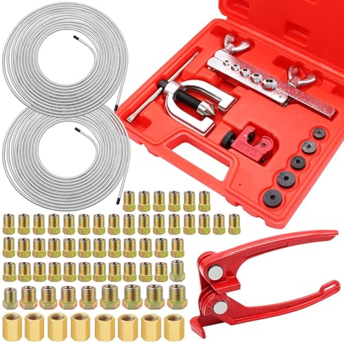 25 ft 3/16 + 1/4 Zinc Coated Alloy Brake Line Kit(Includes 48 Fittings and 8 Unions) with Tube Bender and Double & Single Flaring Tool Kit - size: 3/16 + 1/4 Inch Silver, style: Brake Line Kit & Tube Bender