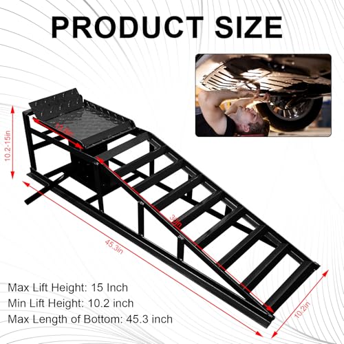 Heavy Duty Hydraulic Car Ramps 5 Ton Capacity (2-Pack) – Adjustable 10-15 Inch Low Profile Lift with Anti-Slip & Safety Lock for Oil Change, Garage Repair, SUVs, Trucks