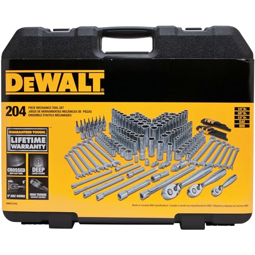 DEWALT Mechanics Tools Kit and Socket Set, 204-Piece Dewalt Tool Set, 1/4" & 3/8" & 1/2" Drive, Metric/SAE Deep and Shallow Sockets, 3/8" Hex Bits, Torx Bits, Spark Plugs, Wrenches (DWMT72165)