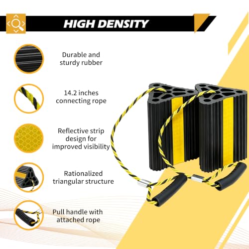 Vacallity Solid Rubber Wheel Chock for Travel Trailers Camper RV Truck Car, Sturdiness Heavy Duty Simple Easy to use, Tires Chock Block Stopper with Nylon Rope Yellow Reflective Tape - size: 8.2" 1pair