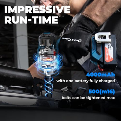Dong Cheng 20V Brushless Impact Wrench, Max Torque 503 ft-lbs (682 N.m), 2x4.0Ah Battery, 1/2" with 3 Mode Speed, 2400 RPM Cordless Impact Gun, Includes Charger, 4 Impact Sockets and Kit Bag - style: Two Batteries