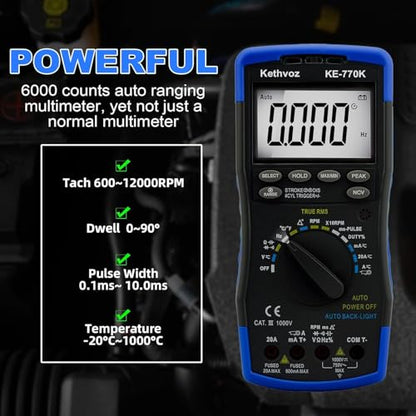 Automotive Digital Multimeter, Kethvoz True RMS AC/DC Voltage & Current Tester, 6000 Counts Auto-Ranging with RPM, Dwell Angle, Pulse Width, Temperature, Duty Cycle, Continuity, and NCV Detection