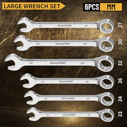 GRENPRO Metric Wrench Set, Large Wrench Set Metric and Standard, 7PC 23mm, 24mm, 26mm, 27mm, 30mm, 32mm Long Big Open End Wrench Tool Set Roll Up Pouch Organizer with Gauge, Combination Wrenches Sets - style: Metric Wrench Set Large