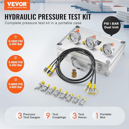 Hydraulic Pressure Test Kit, 250/400/600bar, 3 Gauges 9 Test Couplings 3 Test Hoses, Excavator Hydraulic Test Gauge Set with Portable Carrying Case for Excavator Tractors Construction Machinery | Excavator Hydraulic Test Gauge Set with Portable Carrying C