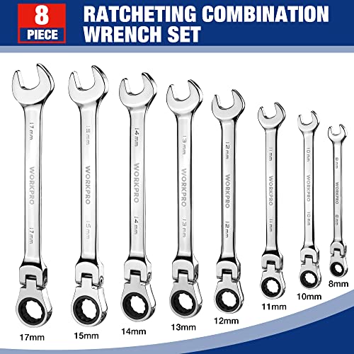 WORKPRO 8-piece Flex-Head Ratcheting Combination Wrench Set, Metric 8-17mm, 72-Teeth, Cr-V Constructed, Mirror Polished Chrome Plated with Roll Up Pouch - size: Metric, style: Mirror Polished