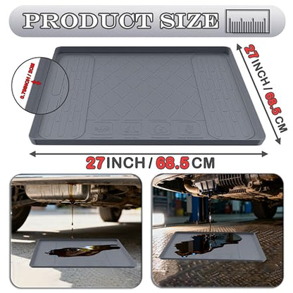 27''×27'' Garage Floor Mat Drip Tray, Oil Spill Mat Under Car Oil Drip Pan, Soft Silicone Pad With Raised Edge, Driveway Pad Liquid Leaks Non-Slip No Splatter for Auto & Home Floor Protection（Grey)