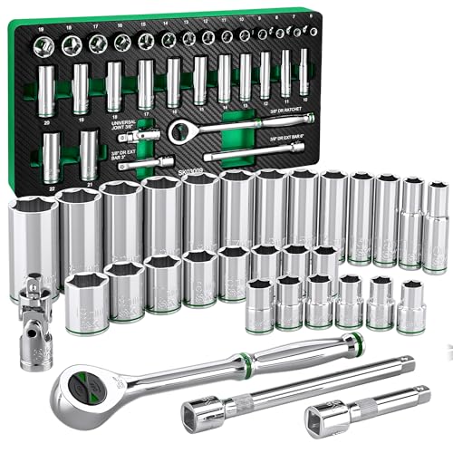 SK 3/8" Drive Socket Set with 160-P Ratchet, Metric, CR-V Steel | 31-Piece Sockets, SuperKrome Finish, Heat Treated, with EVA Foam Tool Organizer - size: Metric