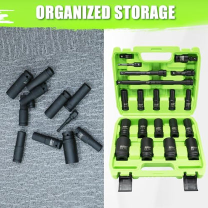 SUNHZMCKP 20 PCS 1/2" Impact Socket Set, Drive Deep 6 Point Socket Set, Including Standard SAE Sockets (3/8" to 1-1/4"), 3 ", 6", 10" Impact Extension Bar and Drill Socket Adapter, Cr-MO - size: 20-Pc 1/2" SAE Impact Socket Set