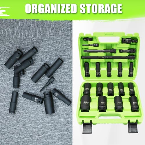 SUNHZMCKP 20 PCS 1/2" Impact Socket Set, Drive Deep 6 Point Socket Set, Including Standard SAE Sockets (3/8" to 1-1/4"), 3 ", 6", 10" Impact Extension Bar and Drill Socket Adapter, Cr-MO - size: 20-Pc 1/2" SAE Impact Socket Set