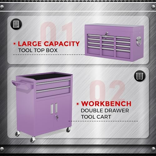 INTERGREAT 8 Drawers Tool Chest, 42'' Large Rolling Tool Chest with Drawers, Detachable Top Tool Box, Tool Cabinet for Repair Room,Warehouse, Rolling Tool Box with Hooks,Tray Divider,Liners(Purple) - color: Purple, size: 8 Drawers