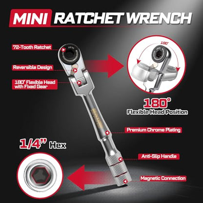 Geinxurn 60Pcs 180° Pivoting Flex Head T-Handle Ratchet Wrench Set, 72-Tooth 1/4" Reversible Ratchet with Extension Bar, Socket Adapter & 1" Impact Screwdriver Bits (Phillips/Torx/Hex) for DIY - size: 60pcs-Changeable