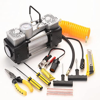 FLZOSPER 6-Piece Metal DC 12V Air Compressor Kit，Pump Tire Inflator Heavy Duty Double Cylinders, 150PSI Tire Air Pump with Adapter for Car, Truck, SUV Tires, Dinghy, Air Bed etc ，Silver