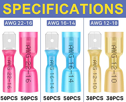 Haisstronica 260PCS Heat Shrink Spade Connectors - Quick Disconnect Female & Male Spade Terminals for Watercraft, Electronics & Automotive - size: AWG 22-10, style: Male&Female Kit 260PCS