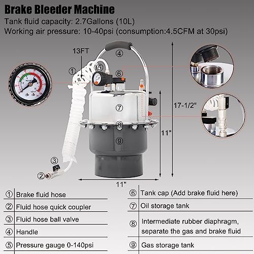 YSTOOL Brake Bleeder Kit Pneumatic Pressure Brake Clutch Fluid Bleeding Tool Set with Master Cylinder Adatpers Air Power Pressurized Oil Change Bleeder Machine and Waste Oil Collection Bottle (Black) - color: Black