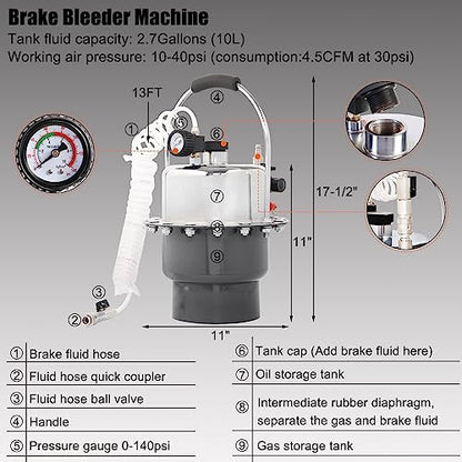 YSTOOL Brake Bleeder Kit Pneumatic Pressure Brake Clutch Fluid Bleeding Tool Set with Master Cylinder Adatpers Air Power Pressurized Oil Change Bleeder Machine and Waste Oil Collection Bottle (Black) - color: Black