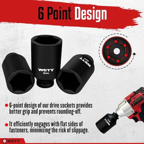 WETT 1/2" Drive Deep Large Impact Socket Set, 11-Piece Spindle Axle Nut Wheel Wrench Sockets Set, Jumbo Metric 6 Point Sockets with 3/4 to 1/2 Adapter, CR-V, (27mm-38mm) - size: 1-1/16"-1-1/2" (11pc) with Adapter