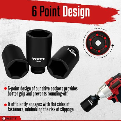 WETT 1/2" Drive Deep Large Impact Socket Set, 11-Piece Spindle Axle Nut Wheel Wrench Sockets Set, Jumbo Metric 6 Point Sockets with 3/4 to 1/2 Adapter, CR-V, (27mm-38mm) - size: 1-1/16"-1-1/2" (11pc) with Adapter