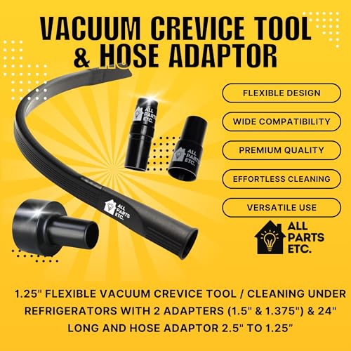 1.25" Flexible Flat Vacuum Crevice Tool/Under Side Refridgerators - 1.5" & 1.37" - 24" Long Hose Adaptor 2.5" to 1.25” Fits Wet Dry Vacuums - Shop Vac, Rigid, Workshop, Vac Master