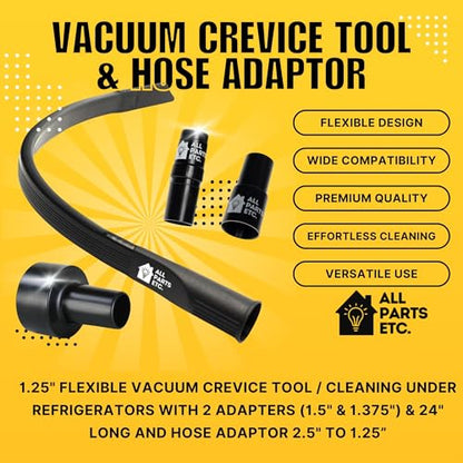 1.25" Flexible Flat Vacuum Crevice Tool/Under Side Refridgerators - 1.5" & 1.37" - 24" Long Hose Adaptor 2.5" to 1.25” Fits Wet Dry Vacuums - Shop Vac, Rigid, Workshop, Vac Master