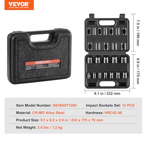 VEVOR 3/8" Drive Impact Socket Set, 12 Piece Shallow Socket Set SAE 5/16"-1", 6 Point Cr-Mo Alloy Steel for Auto Repair, Easy-to-Read Size Markings, Rugged Construction, Includes Storage Case - style: 3/8" 12PCS CR-MO
