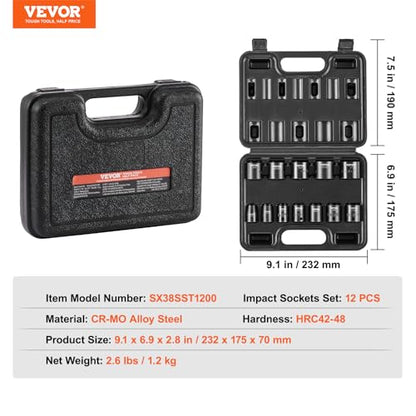 VEVOR 3/8" Drive Impact Socket Set, 12 Piece Shallow Socket Set SAE 5/16"-1", 6 Point Cr-Mo Alloy Steel for Auto Repair, Easy-to-Read Size Markings, Rugged Construction, Includes Storage Case - style: 3/8" 12PCS CR-MO