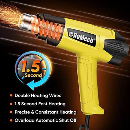 ROMECH 1500W Heavy Duty Heat Gun, Variable Temperature Control Hot Air Gun Kit with 2 Air Flow 120°F~1200°F and 4 Nozzles for Crafts Shrink Wrap (Yellow) - color: Yellow