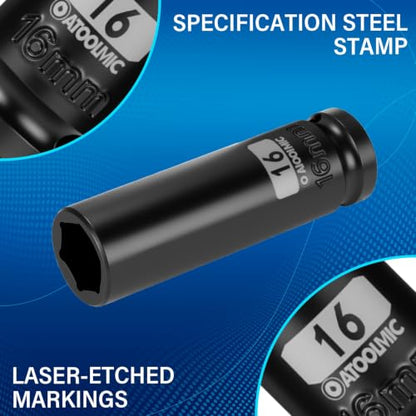 1/2 Inch Drive x 16mm Deep 6PT CR-MO Impact Socket for Removing Axle nut | Metric Socket,6-Point Radius Corner Design,Two Size Markings,Square Chamfered Opening,For Removal of Axle Nut - size: 16 mm, style: 1/2" Drive Deep Socket