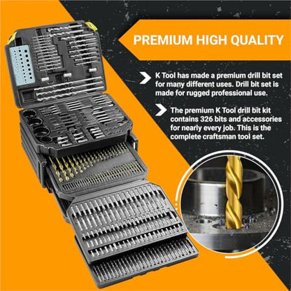 K Tool International 10330 Drill Bit and Accessory Set, 326 Piece Bit Kit, Folding Storage Case, Portable Carry System, for Shop, Garage, and Jobsite Use, Metal, Wood, and Plastic