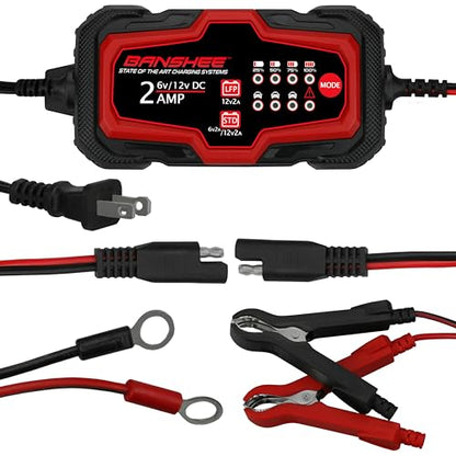 Banshee 12V/6V 2A Automatic Trickle Battery Charger Maintainer for Normal Lead Acid, Sealed, Leisure, AGM, Gel, Deep-Cycle or 12V-Lithium (LiFePO4) Batteries, with IP65 Waterproof