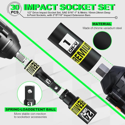 30PCS 1/2" Drive Impact Socket Set, SAE (5/16"- 1") and Metric (10mm-24mm) Deep Socket, Including Impact Extension Bar 3 ", 5", 10", 6 Point, Suitable for Automotive and Machinery - size: 1/2" 30pcs