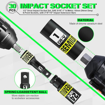 30PCS 1/2" Drive Impact Socket Set, SAE (5/16"- 1") and Metric (10mm-24mm) Deep Socket, Including Impact Extension Bar 3 ", 5", 10", 6 Point, Suitable for Automotive and Machinery - size: 1/2" 30pcs