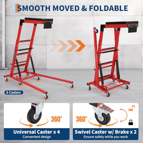 DEXSO Topside Automotive Engine Creeper - 400LBS Capacity, Adjustable Height 48"-66", Foldable Design with 6 Swivel Casters, Thickened Cushion & Tool Pouch (Red) - color: Red