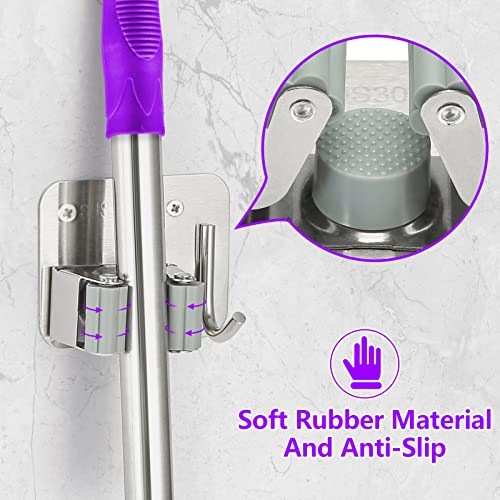 Broom Holder Wall Mount Screw Drilling, Sturdy Heavy Duty Stainless Steel Mop Gripper Rack Perforated, Perfect for Laundry Room Organizer, Fit with Laundry Kitchen Garage Garden Storage System | Drill-Mounted Gripper Rack Holds Brooms, Mops and Garden Too