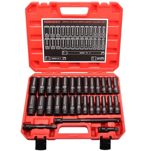 29-Piece 1/2" Drive Impact Socket Set, 6-Point Deep Standard SAE & Metric (3/8"-1", 10mm-24mm),CR-V Steel Sockets with 3", 5", 10" Extension Bars and Storage Case - size: 29 PCS, 1/2" Socket Set, Metric & SAE