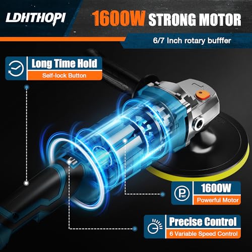 LDHTHOPI Buffer Polisher, 1600W 7 Inch/6 Inch Rotary Buffer Polisher Waxer, 7 Variable Speed 1000-3500 RPM, Detachable Handle for Car, Boat Sanding, Polishing, Waxing, 2026 Upgraded - size: 1600W Rotary Buffer Polisher