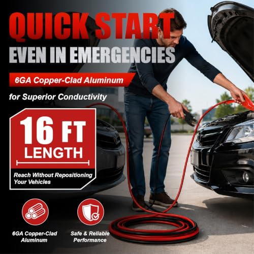 Heavy Duty Jumper Cables,6 Gauge 16 Feet Booster Battery Cable,Automotive Wires with LED Light,Alligator Clips,Carrying Bag,Safety Gloves and Iron Brush for Cars Truck - size: 6 Gauge 16 feet (LED)